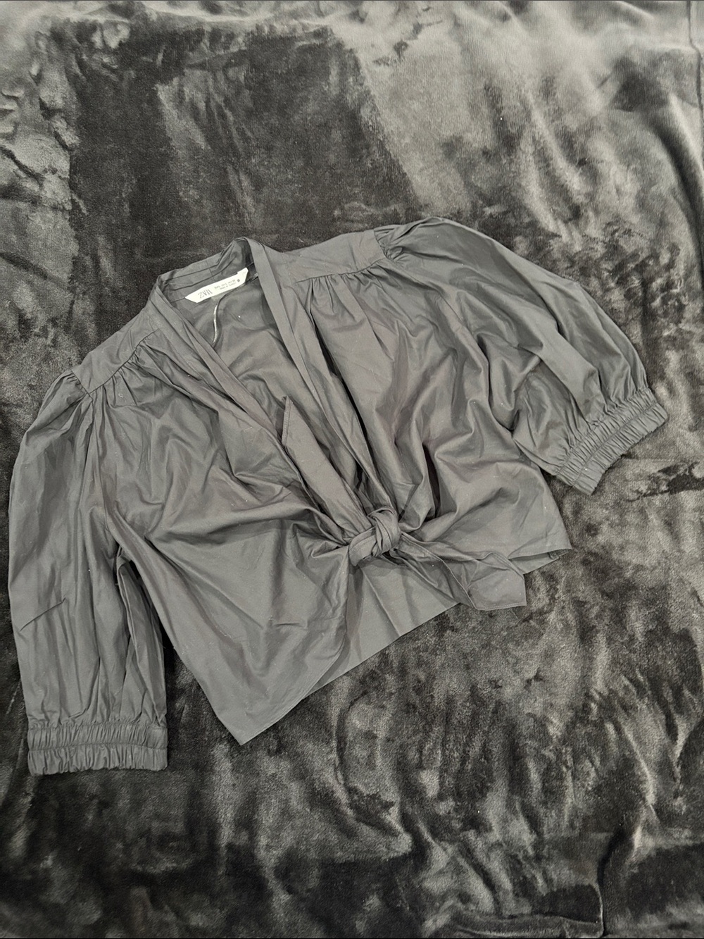 Zara Black Knot-Front Puff Sleeve Crop Top